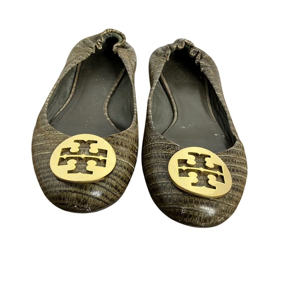 Tory Burch Reva Ballet Flats Embossed Leather Gold Logo Brown Sz 9.5–10 Approx - Picture 1 of 9